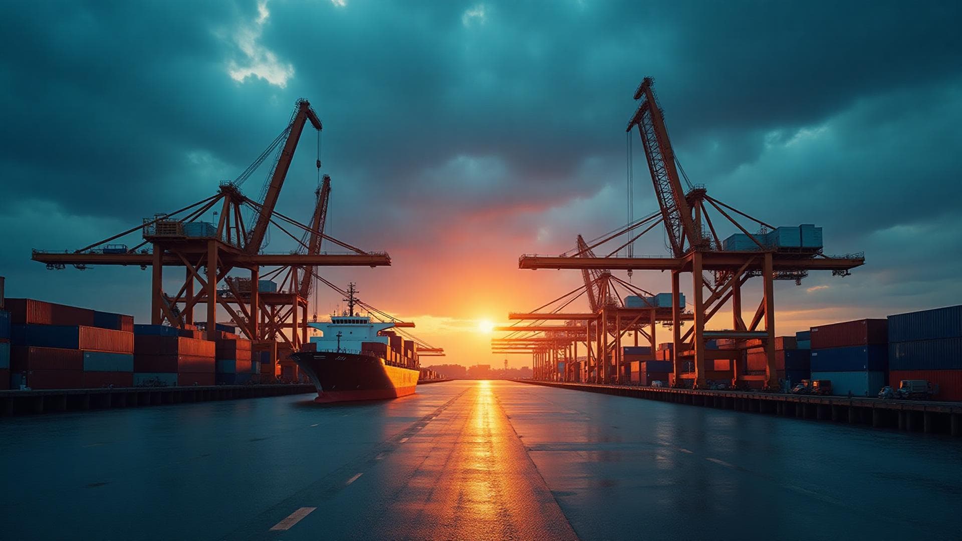 Modern industrial port with container cranes at sunset representing global trade and logistics